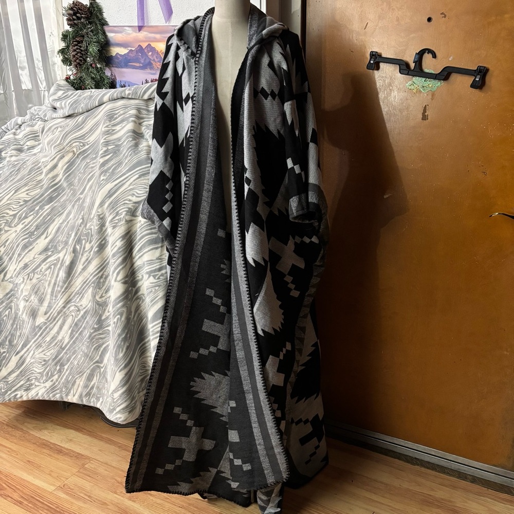 Boutique Wool Blend Duster poncho with a hood.